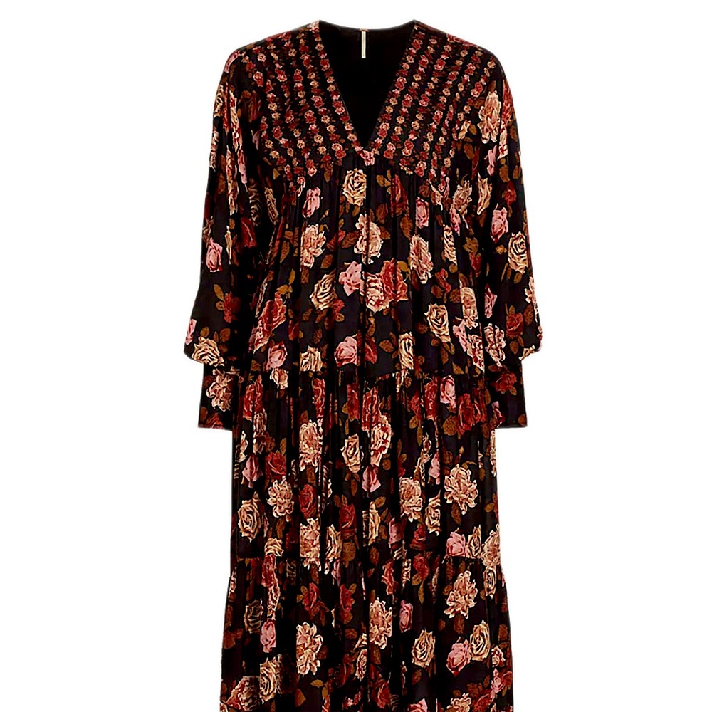 FP Row of Roses Long sleeve asymmetrical maxi dress NWT